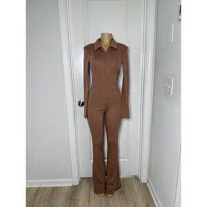 Fashion Nova Womens Ribbed Long Sleeve Zippered Collared Brown Jumpsuit M